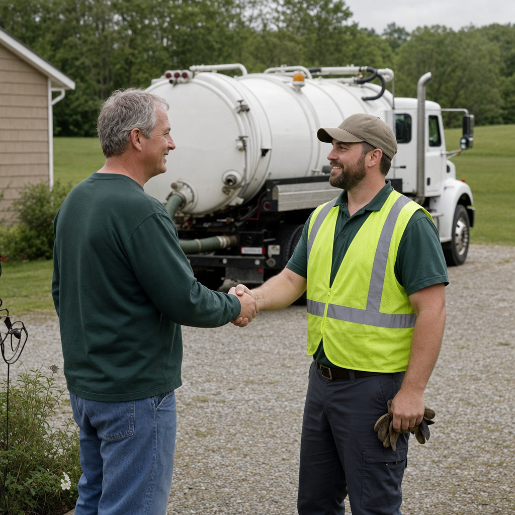 A septic technician shaking a Clinton Township homeowner's hand beside the service truck after a completed pump-out