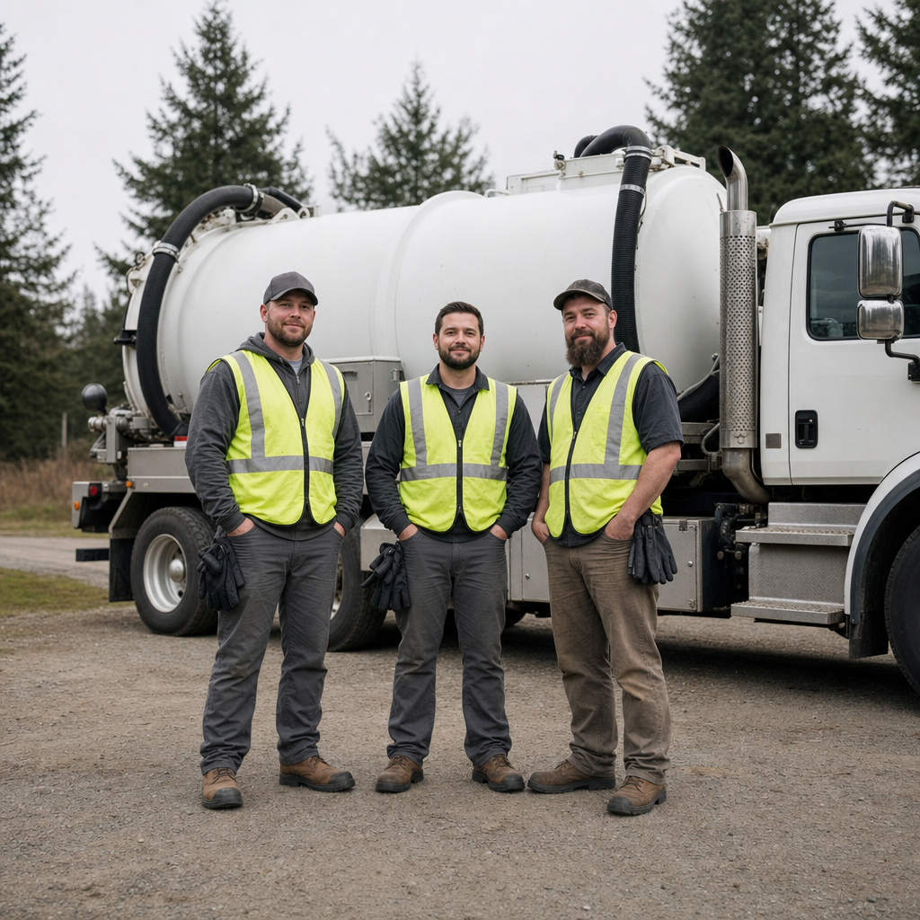The Clinton Township septic pumping crew standing together beside their clean white vacuum truck on a residential street