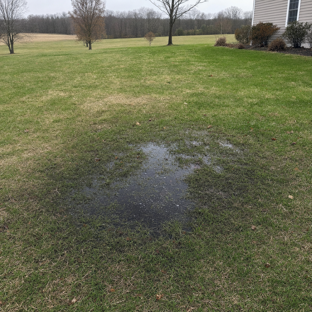A dark, saturated wet spot in a Clinton Township backyard lawn marking a failing cesspool at capacity
