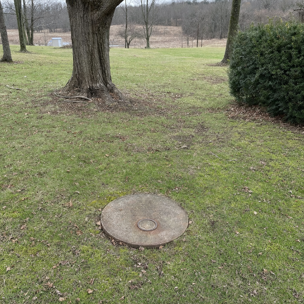 An older round cesspool access lid set flush in an established, mature Clinton Township backyard lawn