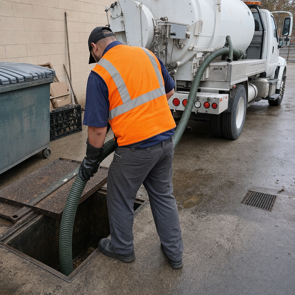 Technician pumping a grease trap behind a Clinton Township restaurant