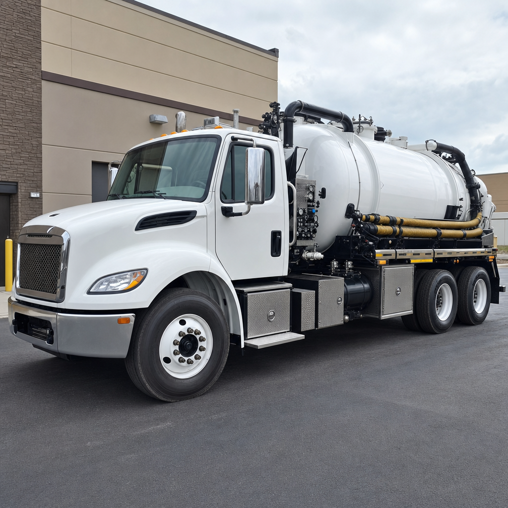 Commercial septic vacuum truck parked in a Clinton Township business parking lot