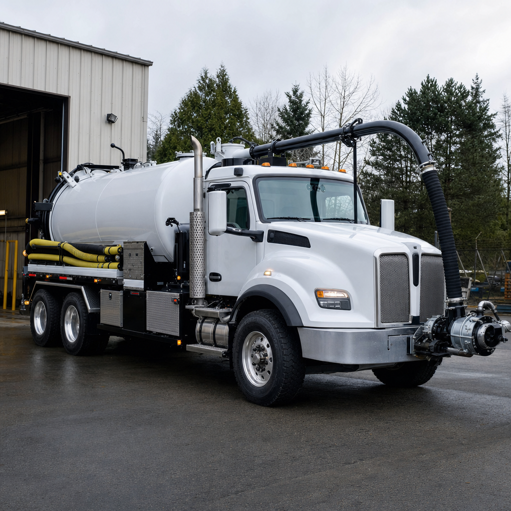 A clean white septic vacuum truck rolling out of a tidy Clinton Township service depot at the start of the day