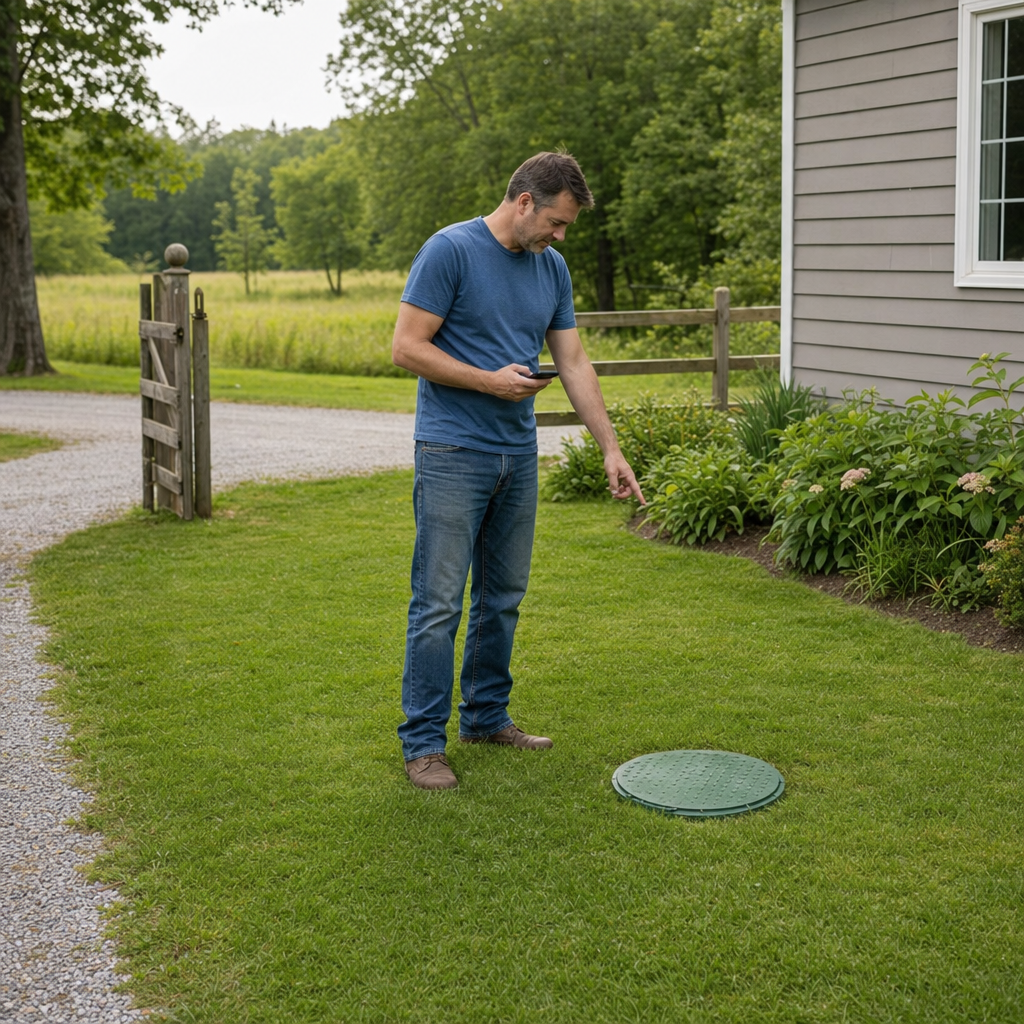 A Clinton Township-area homeowner standing in the backyard noting where the septic tank lid and access route are located