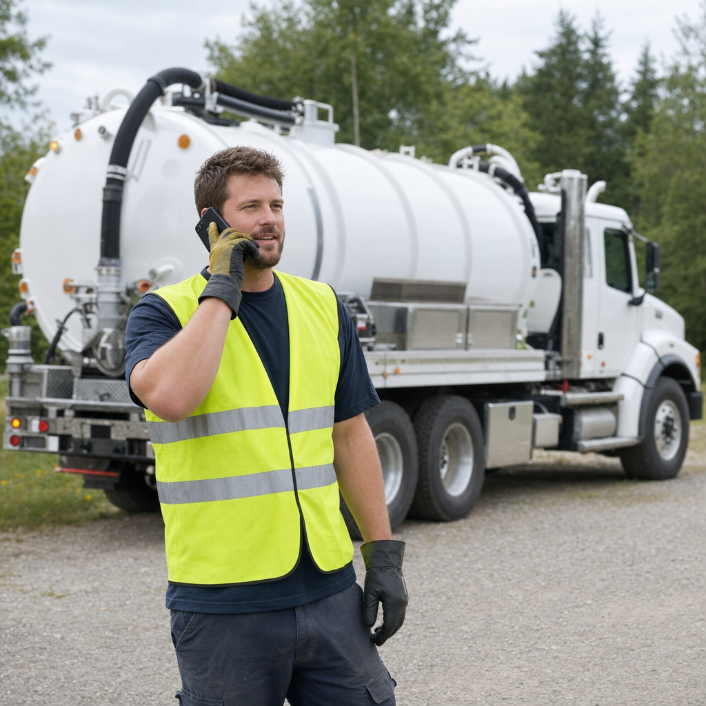 A friendly septic dispatcher holding a phone, ready to answer a Clinton Township homeowner's call about a pump-out