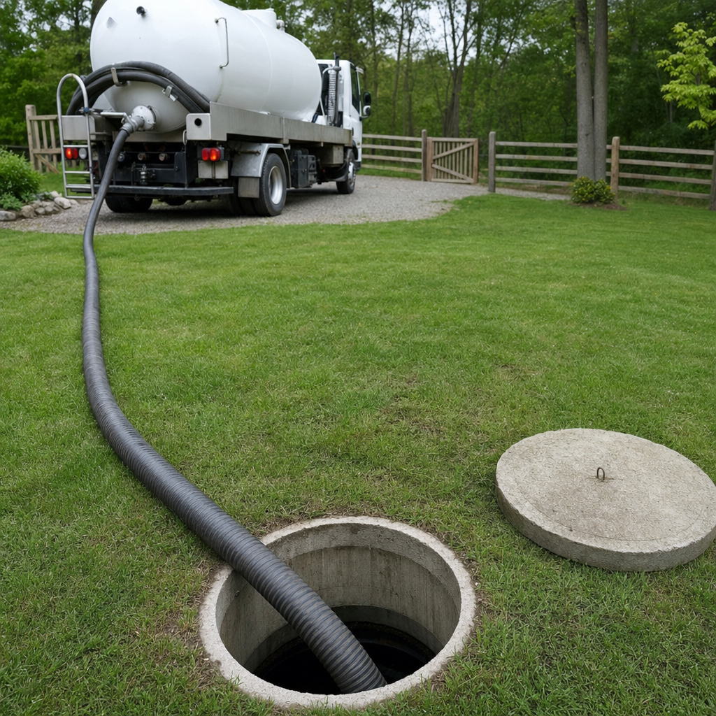 Suction hose connected to an open septic tank, drawing it down in a tidy Clinton Township yard