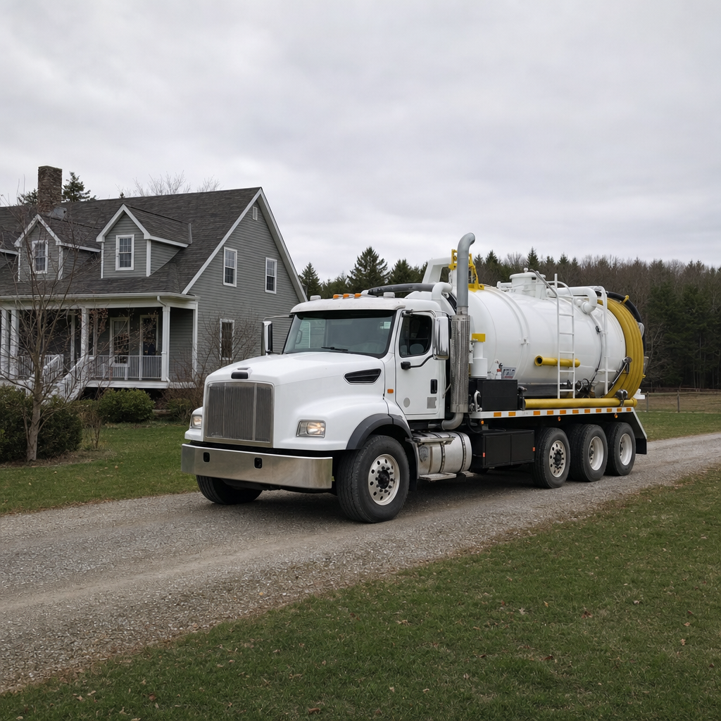 Septic vacuum truck arriving at a Clinton Township home for same-day emergency service