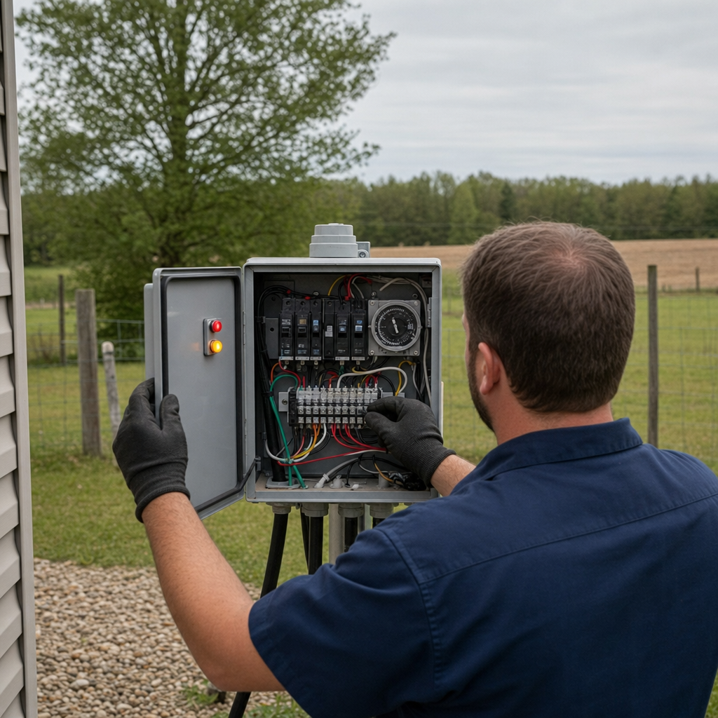 Technician checking an aerobic septic control box with a lit red high-water alarm during a same-day Clinton Township visit