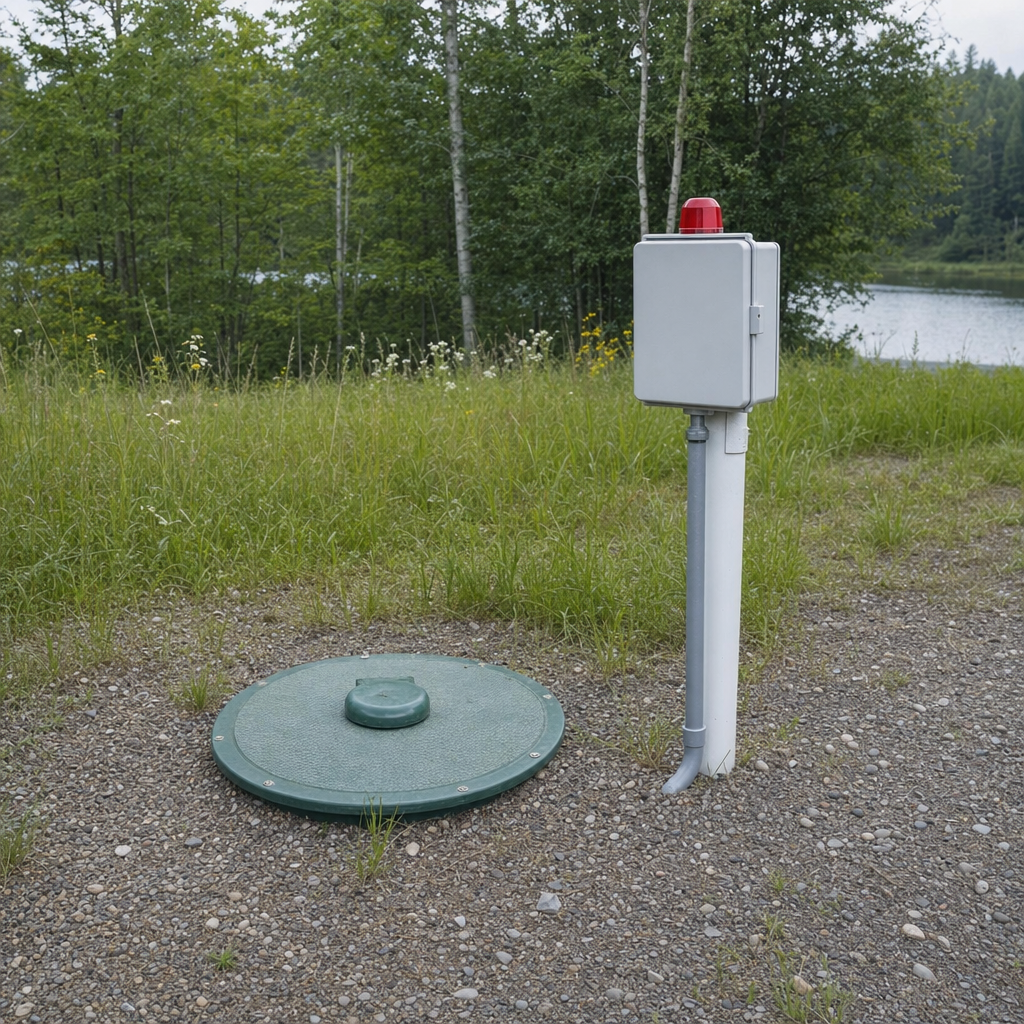 A wastewater holding tank access lid set in the ground at a rural Clinton Township-area cabin, with a mounted high-level float alarm panel nearby