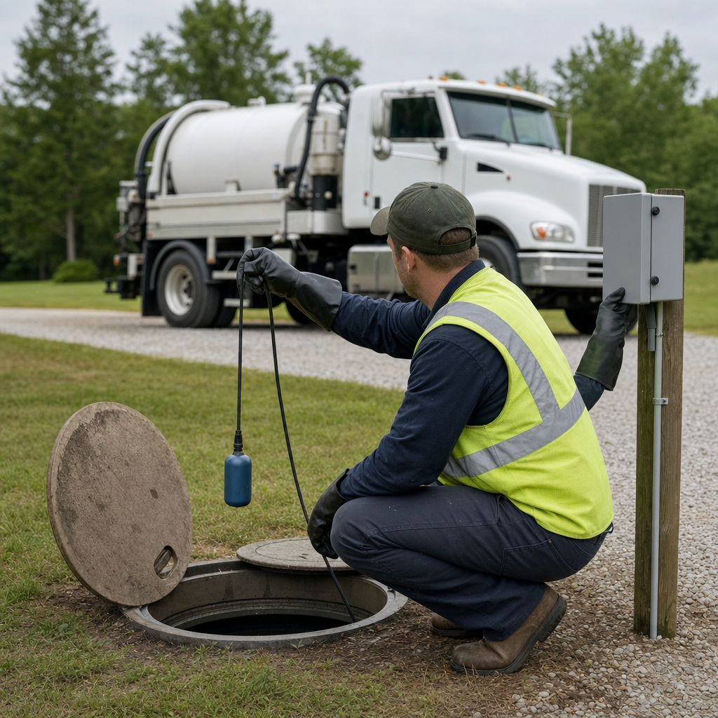 A septic technician in a high-visibility vest checking a high-level float switch and alarm panel on a holding tank at a rural Clinton Township-area site