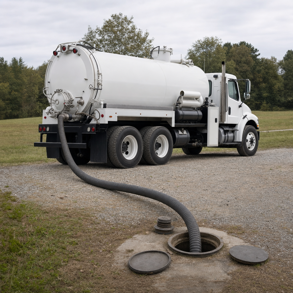 An unmarked white vacuum truck emptying a wastewater holding tank on a scheduled visit at a rural Clinton Township-area property, thick suction hose running to the tank lid