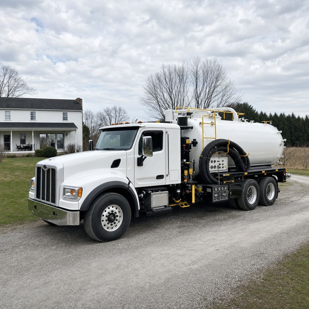 A clean white septic vacuum truck parked on a tidy Clinton Township driveway with the suction hose neatly coiled
