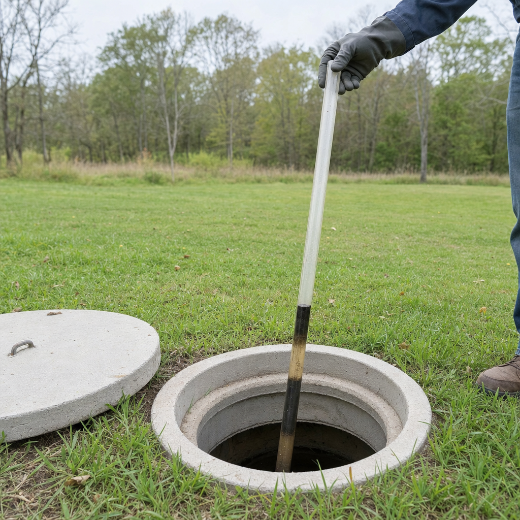 A septic sludge-judge measuring stick lowered into an open Clinton Township septic tank to read the depth of the sludge and scum layers before deciding whether a pump-out is due