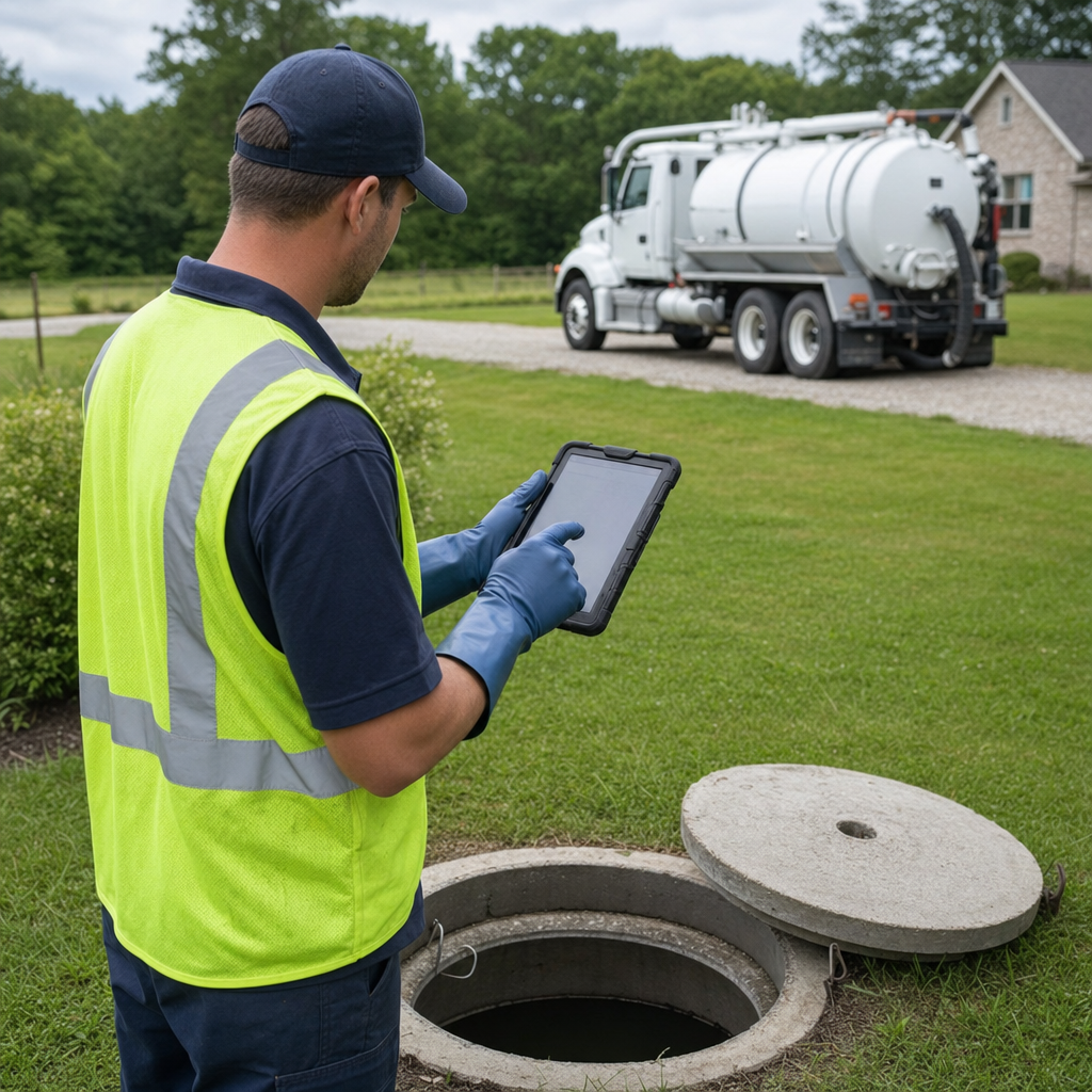A septic technician recording a Clinton Township home's pump-out date and tank condition on a tablet beside an open access lid, tracking the service history that sets the next due date