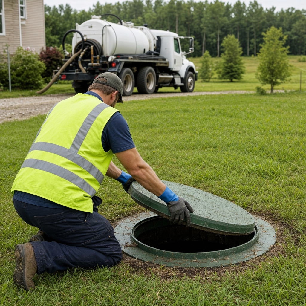 Septic technician kneeling on a Clinton Township lawn, lifting the access lid on a residential septic tank