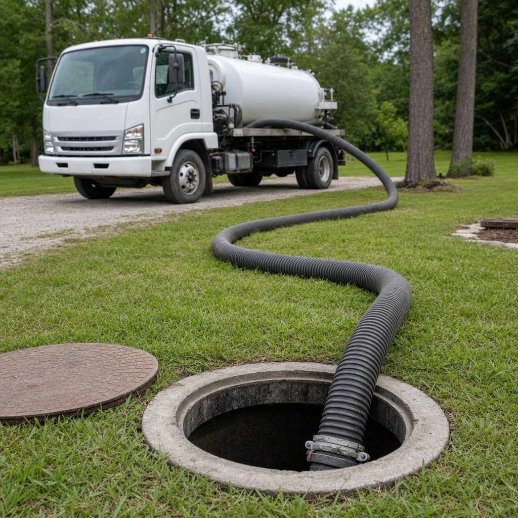 Thick ribbed suction hose lowered into a clean open septic tank port on a tidy Clinton Township backyard lawn
