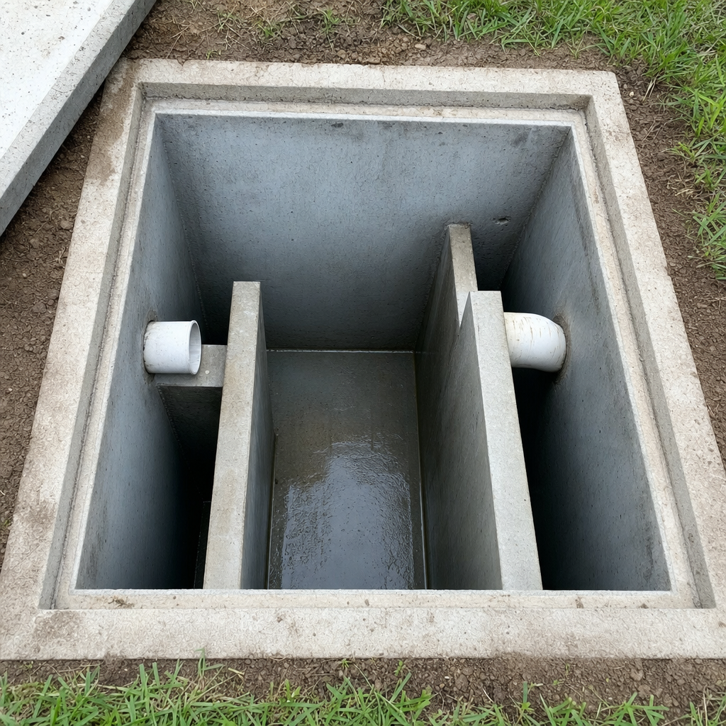 Inspection of the concrete baffles inside an open, emptied and freshly cleaned Clinton Township septic tank