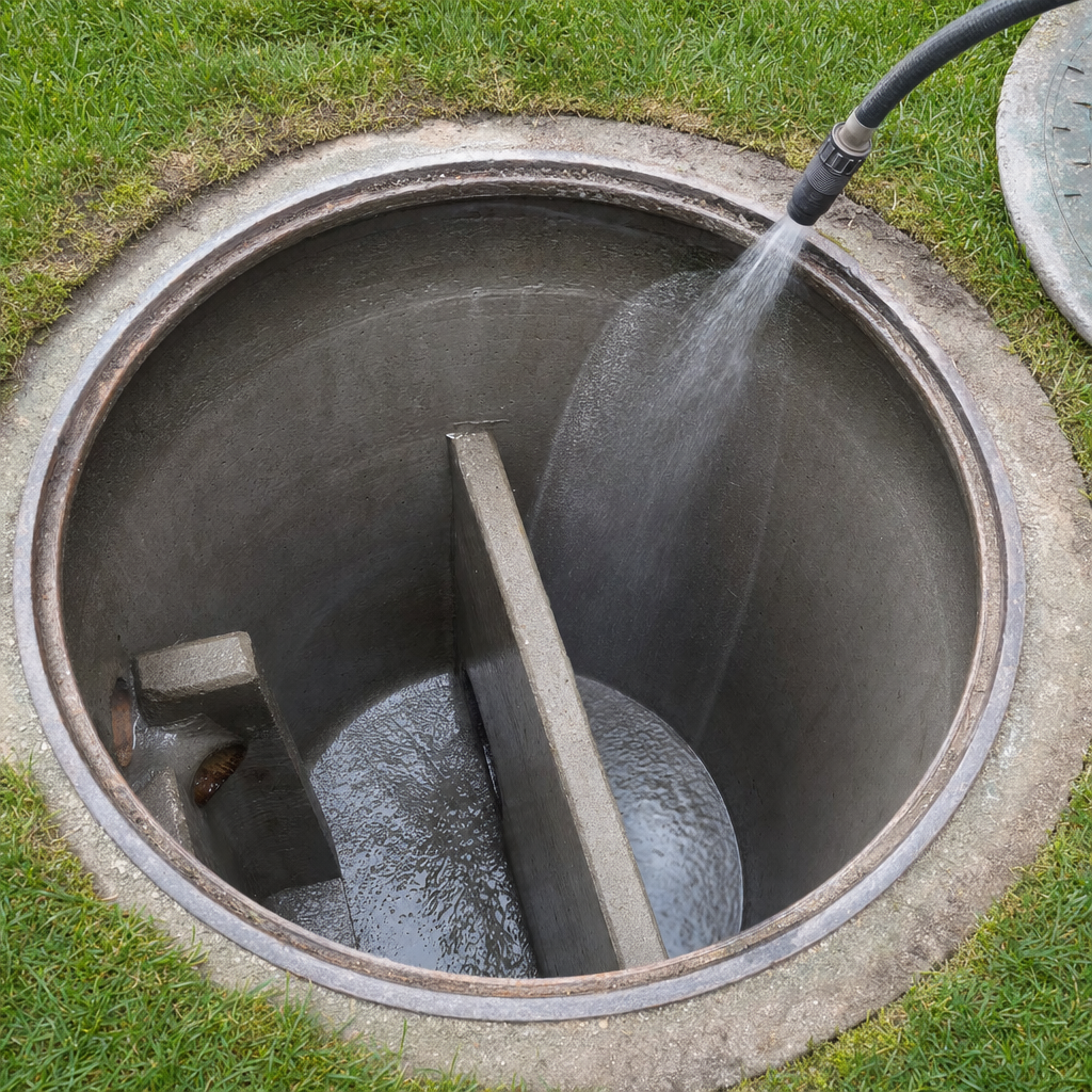 Interior concrete walls of an emptied Clinton Township septic tank being rinsed clean with the truck's onboard water hose