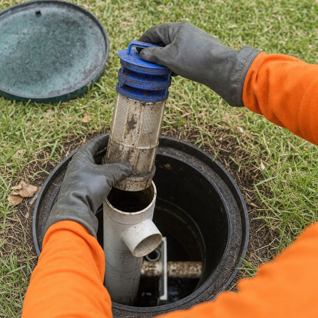 Septic technician's gloved hands lifting the effluent filter cartridge out of the outlet housing on a Clinton Township septic tank