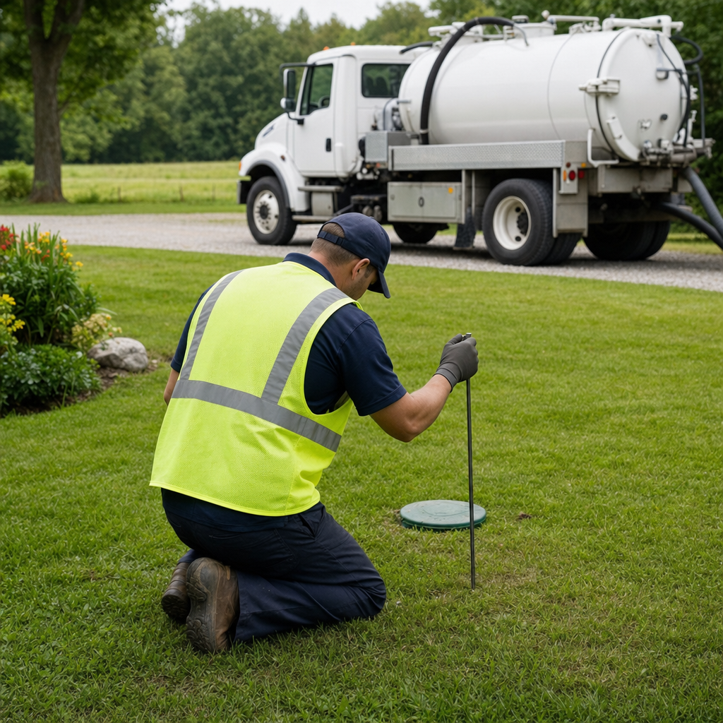 Septic technician kneeling on a Clinton Township lawn, probing to locate and measure the depth of a buried septic tank lid before pumping