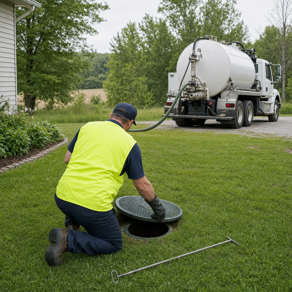 Septic technician kneeling on a Clinton Township lawn, lifting the buried access lid on a residential septic tank