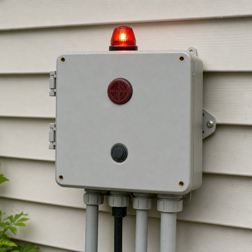 An aerobic septic system control panel mounted outside a Clinton Township home with its red high-water alarm light lit