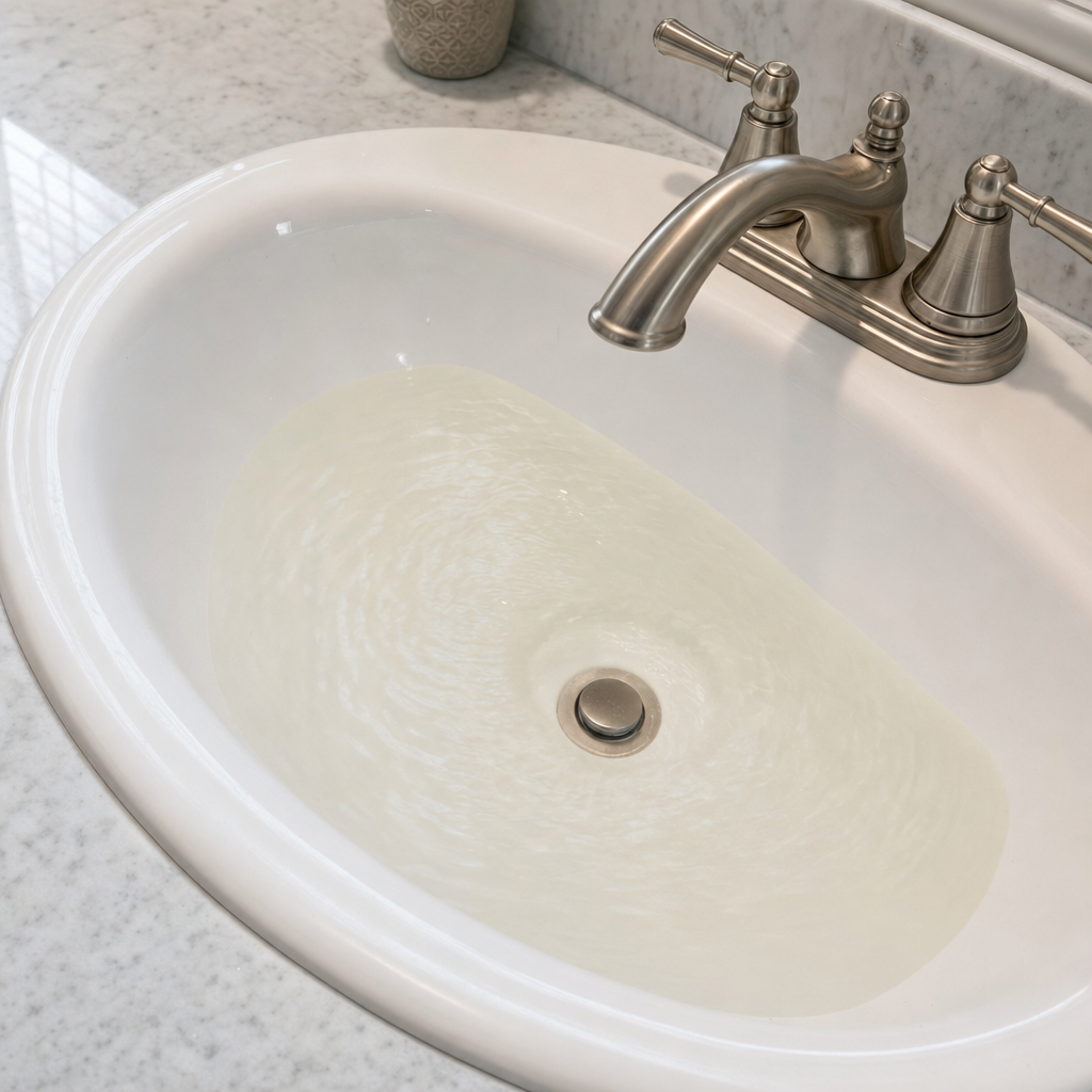 A bathroom sink draining slowly with water pooled in the basin, an early warning sign that a Clinton Township septic tank is full